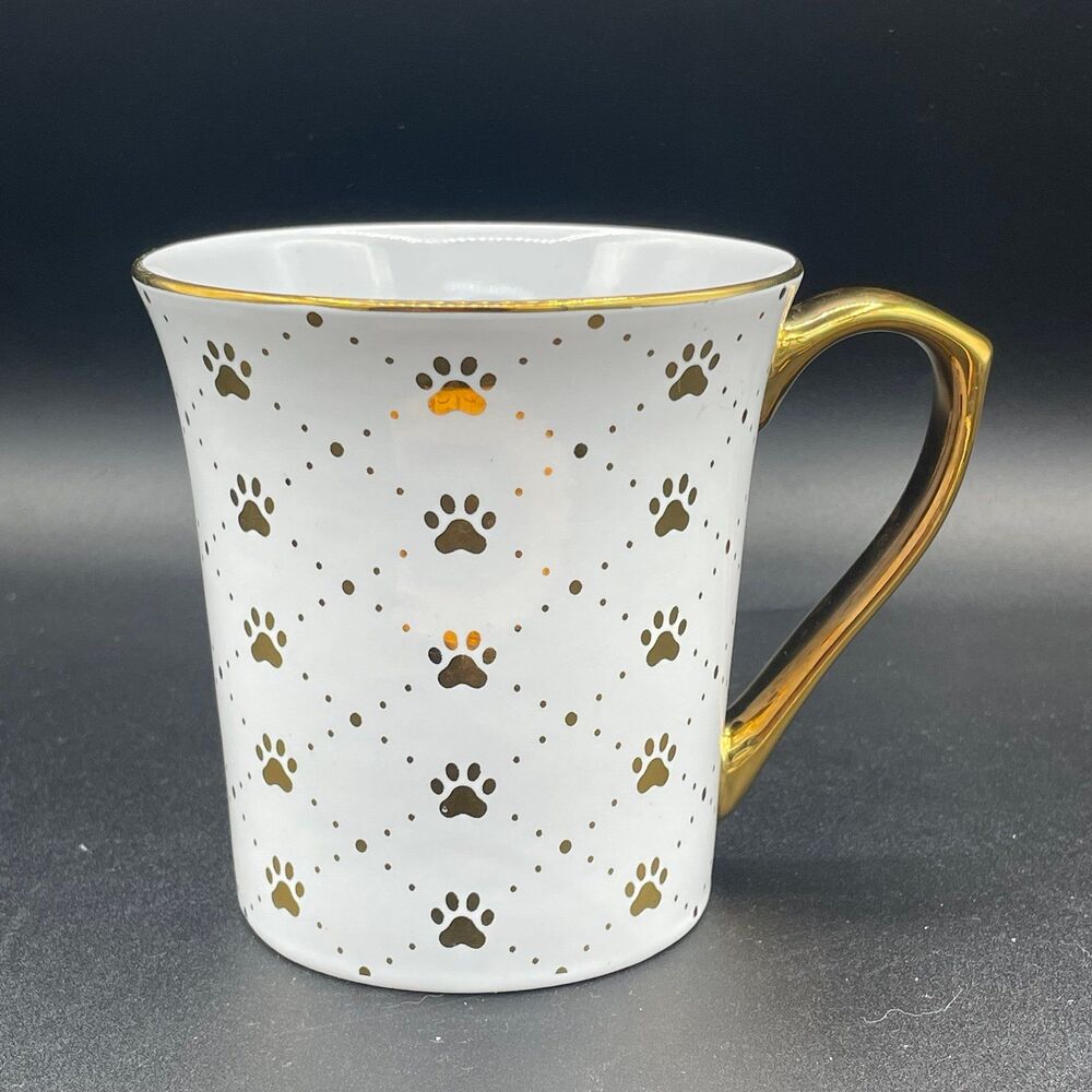 10 Strawberry Street Oversized Coffee Mug Gold Accent Pawprints Rim & Handle
